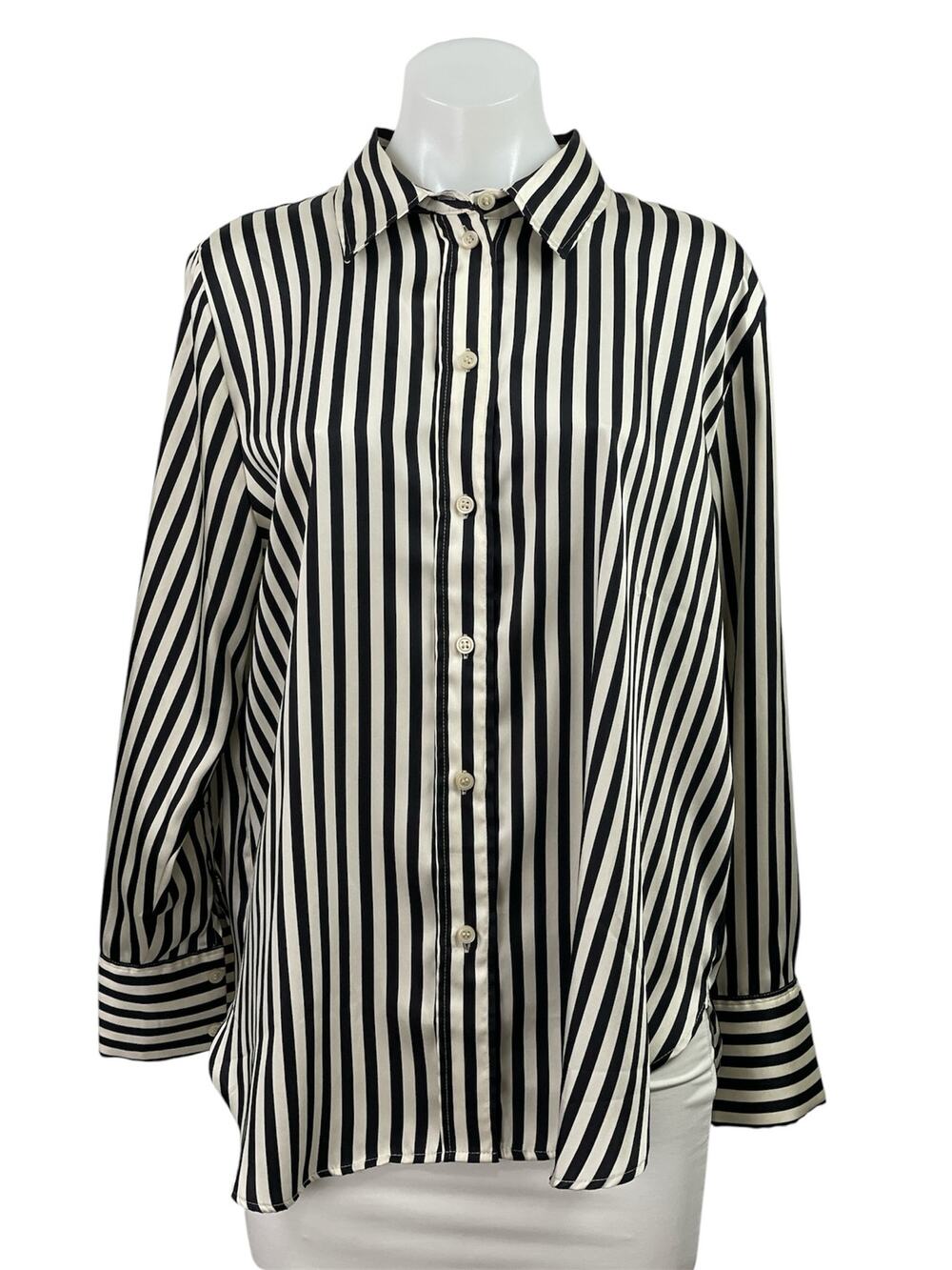 H&M Women's Black White Striped Collar Long Sleeve Button Down Tunic Shirt Top L